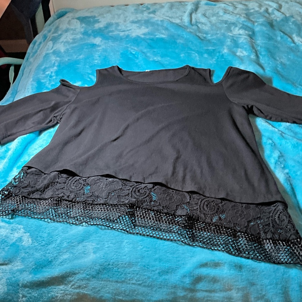 Black Cold Shoulder Top with Lace Hem